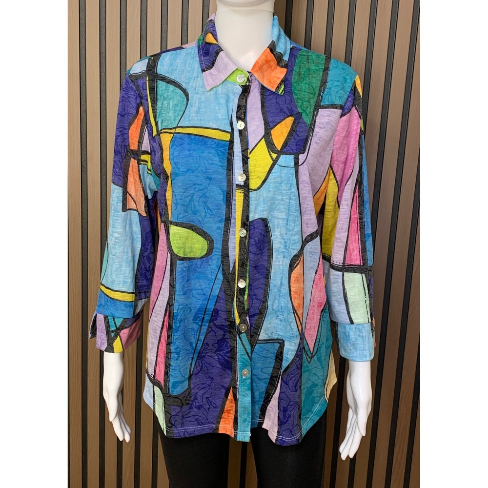 Jess & Jane Women's M Abstract Lagenlook Burnout Button Front Shirt USA Made